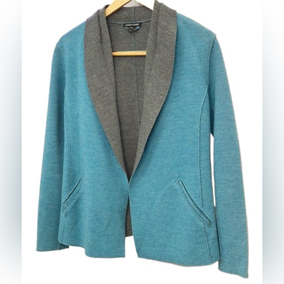 Eileen Fisher Wool Women’s Open Front Cardigan Size M Jacket Blue & Gray - Picture 4 of 6